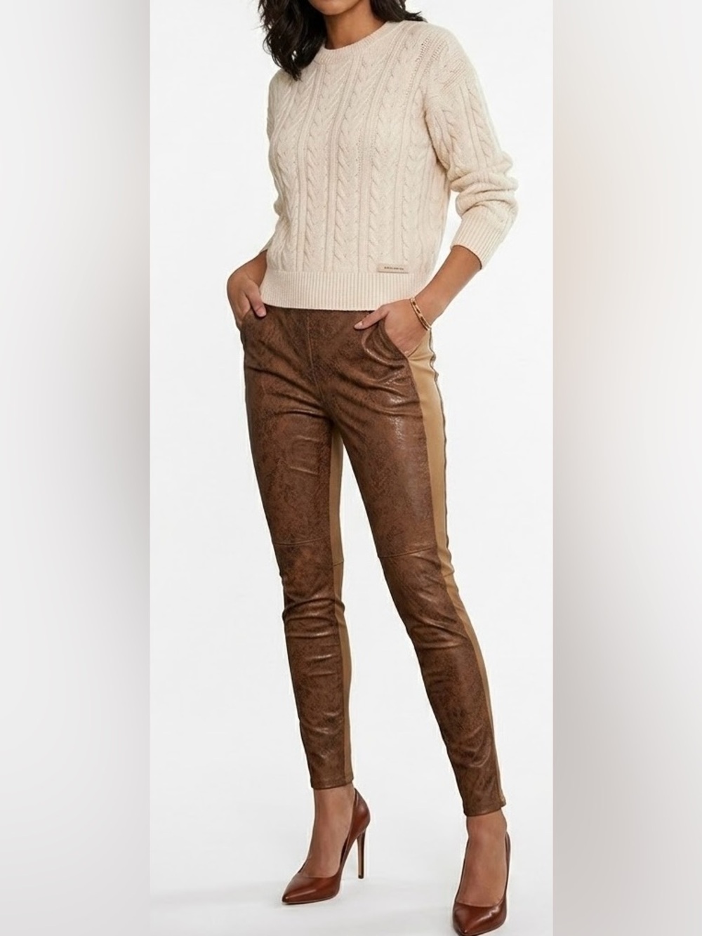 Lysse Brown Faux-Leather Skinny Pants with Tan Side Stripe